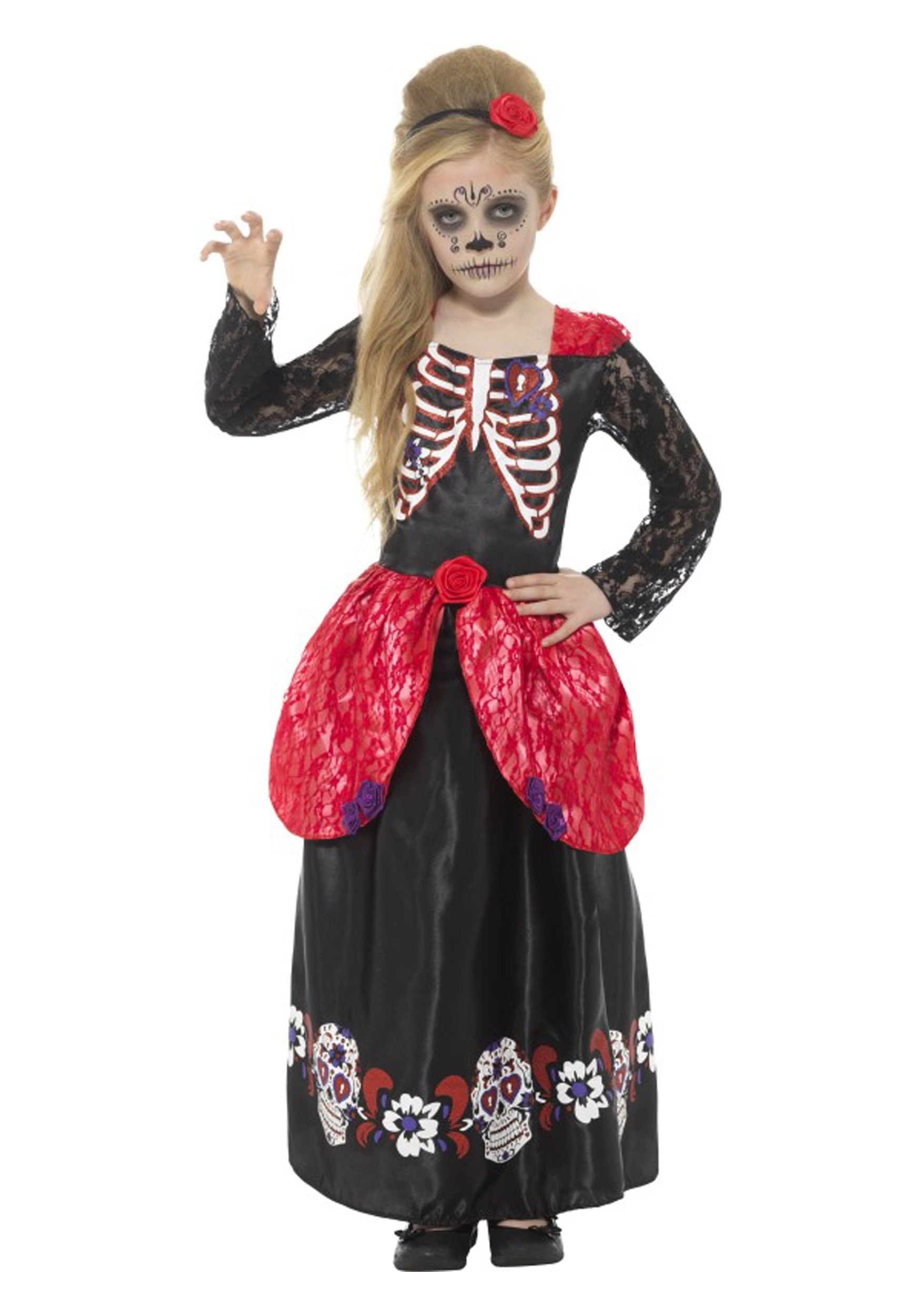 Sugar Skull Day of Dead Girls Childs Kids Halloween Fancy Dress Costume 4-12 