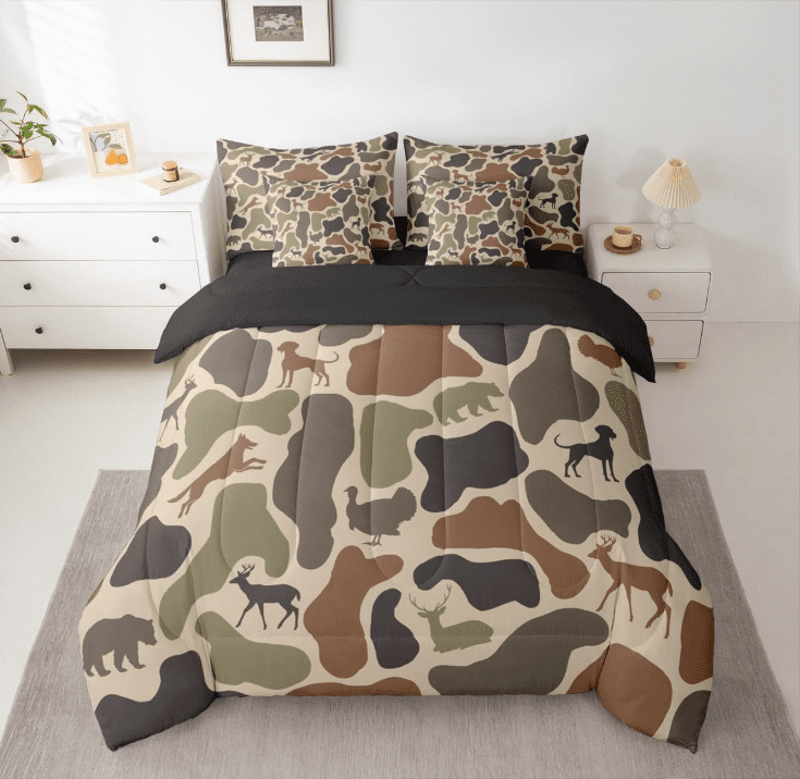 Manfei Deer Bear Camo 7pcs Queen Bedding Set - Brown Vintage Hunting Animal Style