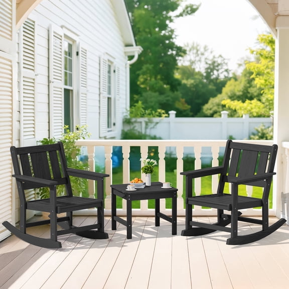 SERWALL Outdoor Rocking Bistro Set, 3 Pieces Patio Furniture Set, Porch Chairs and Coffee Table Set with Umbrella Hole, for Lawn Balcony Deck, Black