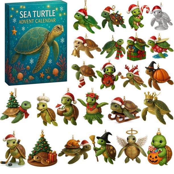Caja de calendario de adviento de tortuga marina con sorpresas diarias para la cuenta regresiva de Navidad. Decoración navideña única y regalo para los amantes del océano. Pieza única. Rkxzt