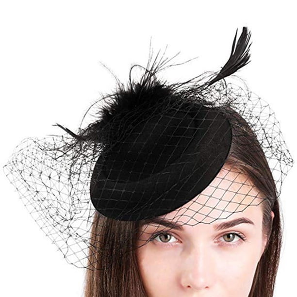 Jumpingount Sombrero tocado para mujer, velo de malla de plumas, Festival, boda, escenario, espectáculo, novia, decoración, pinza para el pelo, Sombreros Negro