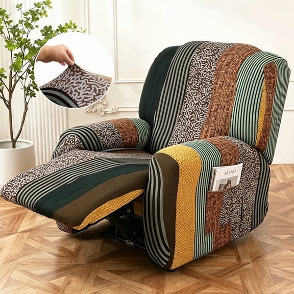 Recliner Slipcovers, 4‑Piece Stretch Furniture Protector with Side Pocket, Soft Printed Recliner Chair Cover for Manual & Electric Single‑Seat Recliner