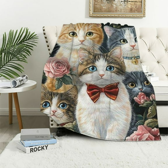 BCIIG   Kitten Fleece Blanket - Queen Size Cute Throw Blanket for Women, Men, and Kids - Super Soft Plush Cat Throw Blanket - Hello Kitty Blanket for Cat Lovers -  40x50in