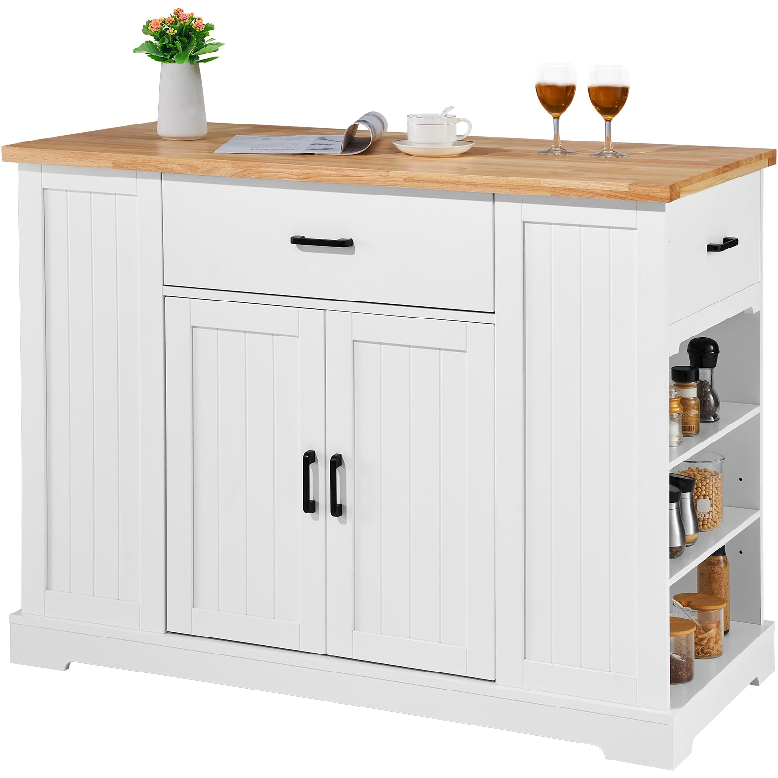 VEVOR Kitchen Island Cart, 46" Wood Top Breakfast Bar with Storage Cabinet, Farmhouse Kitchen Table with Adjustable Shelf, Drawer, for Dining Kitchen Living Room, White