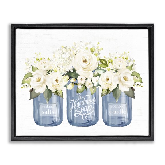Stupell Industries French Country White Rose Flower Bouquets Blue Farmhouse Jars Black Floating Frame Canvas Art, 21 x 17, by Lettered and Lined