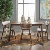 Noble House Lucca Mid Century Natural Walnut Wood Light Beige 5-Piece Dining Set