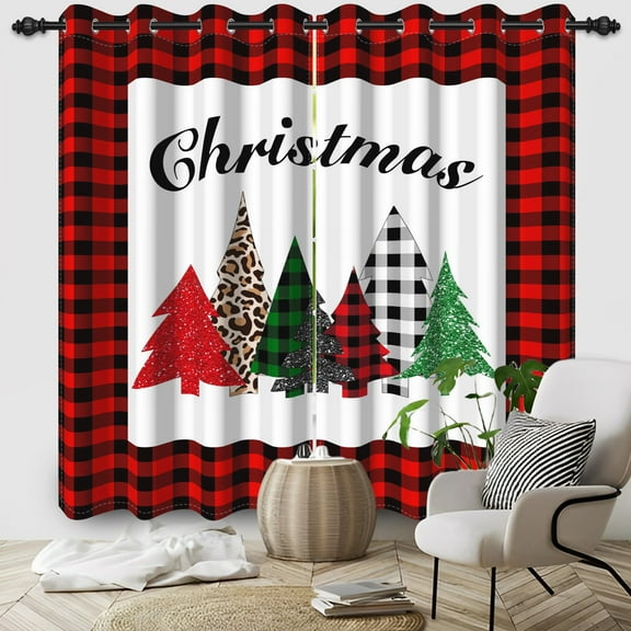 Nanqianyi Christmas Blackout Curtains Red Plaid Xmas Tree Printed Living Room Window Grommet Drape, 42"W x 84"L,2 Panels
