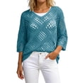 thumbnail image 2 of Ounisa Boho Crochet Tops for Women 3/4 Length Sleeve V Neck Hollow Out Knit Sweater Shirt Summer Lightweight Beach Cover Ups, 2 of 5