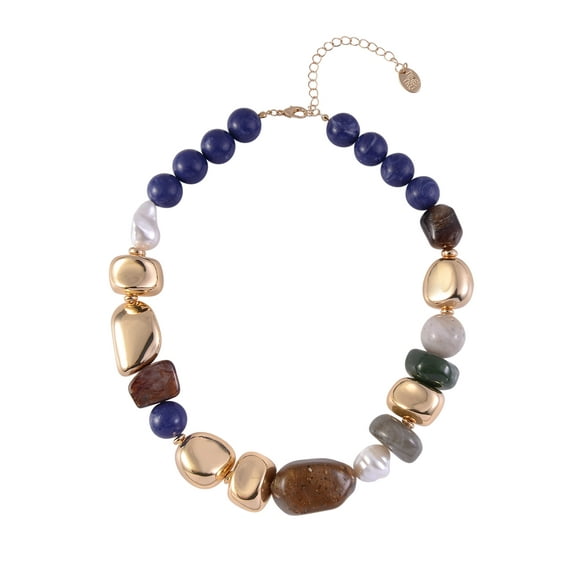 Time and Tru Women's Mixed Bead Wide Necklace, Blue, Brown and Gold-Tone