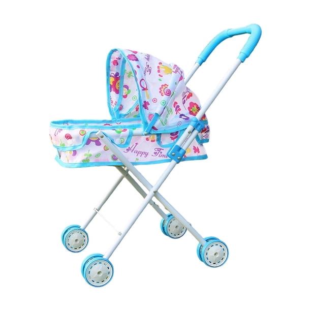 Cochecito de muñecas plegable interactivo de desarrollo con ruedas de doble fila azul