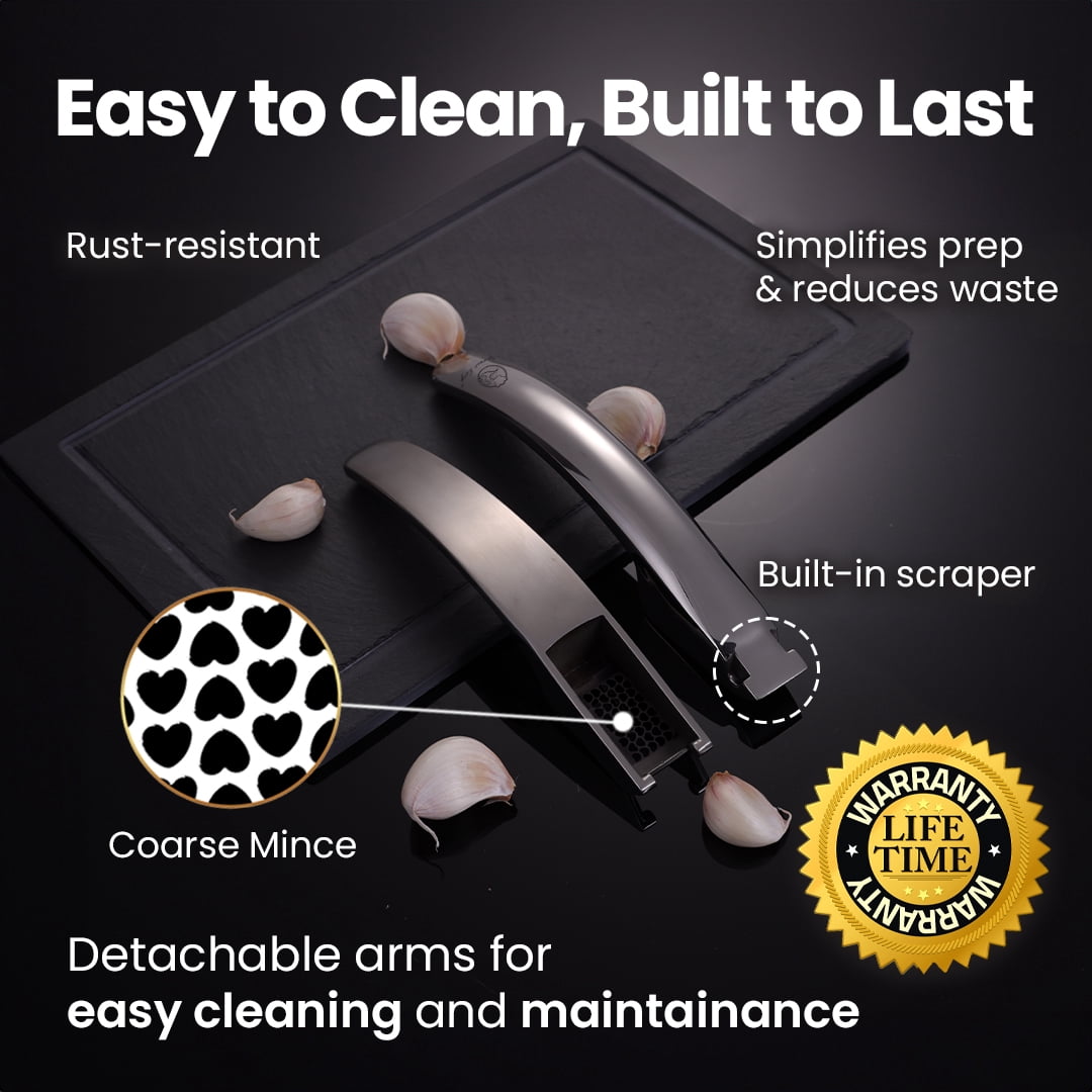 Gourmet Easy -No Peeling Required Stainless Steel Garlic Press with Detachable Handle for Coarse Mincing - Premium Garlic Mincer Tool, Rust-Proof, Easy to Clean, Dishwasher Safe Garlic Crusher