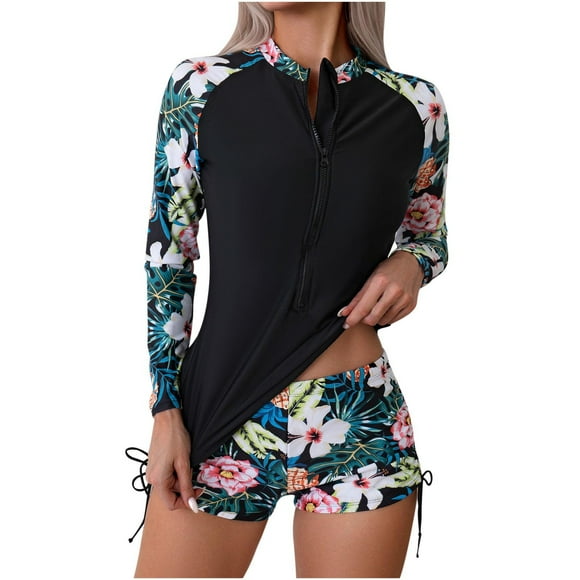 ZVAVZ Two Piece for Swimwear Women,Womens Boyleg Rash Guard Bathing Suits with Shorts Long Sleeve Half Zipper Tops Surfing Swimwear Black XXL