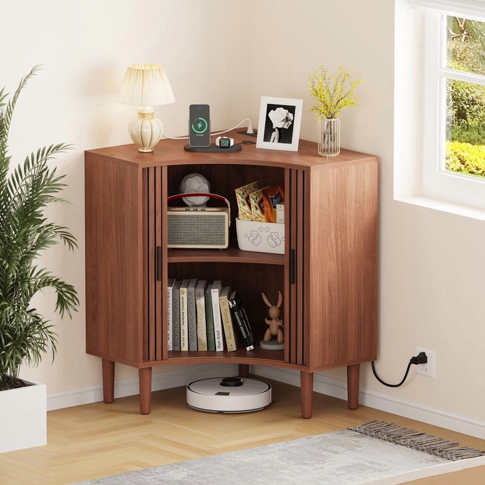 Fluted Corner Cabinet with Charging Station, Small Corner Floor Cabinet with Sliding Doors, Modern Wooden Freestanding Narrow Storage Organizer for Living Room, Small Space,Dining Room, Bathroom