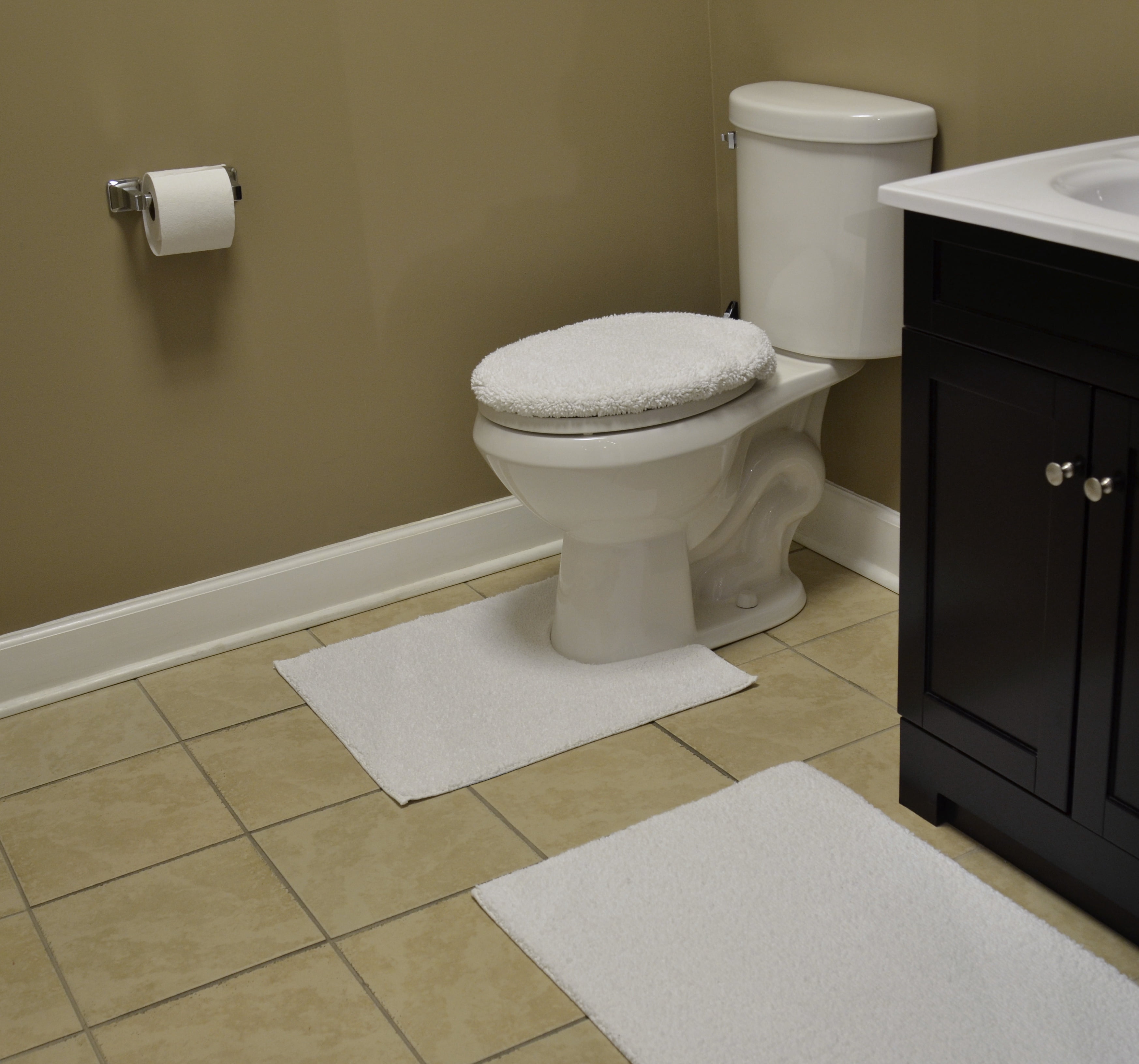 Garland Rug Classic Cotton Washable Bath Rug Set, 3 Piece Set (21"x34" Bath Rug, Contour Rug, & Toilet Lid) White