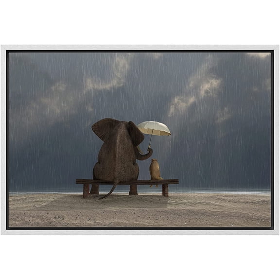 wall26 - Framed Canvas Prints Wall Art - Elephant and Dog Sit Under The Rain | Modern Wall Decor/Home Decoration Stretched Gallery Canvas Wrap Giclee Print. Ready to Hang - 16"x24" White