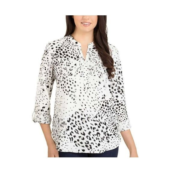Hilary Radley Ladies' Roll-Sleeve Blouse, Off White/Black, Large - NEW