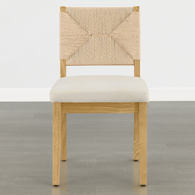 Spruce & Spring Boho Upholstered Dining Chairs Set of 2 with Handwoven Paper Rope Back for Dining Room or Kitchen, Cream Fabric, Natural