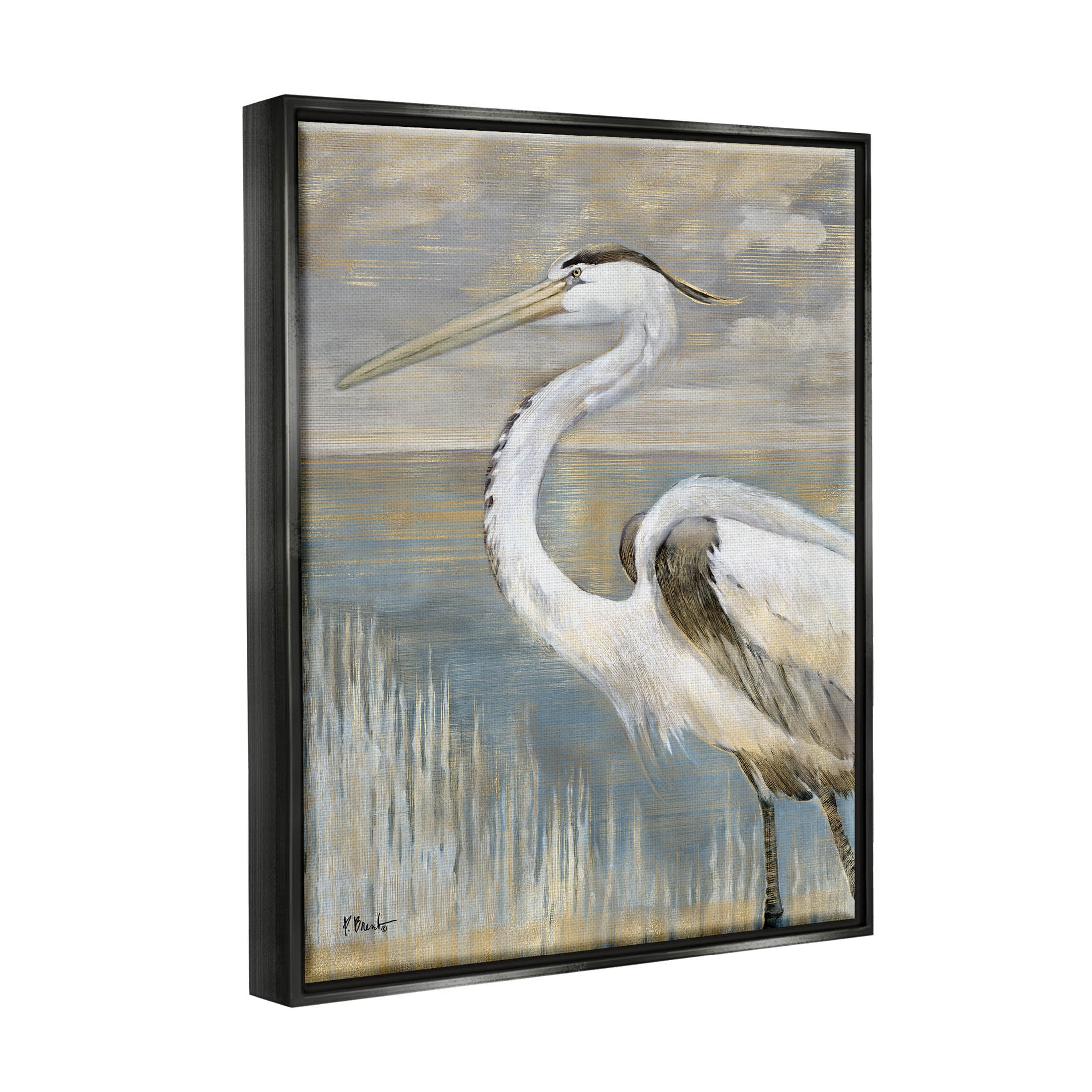 Stupell Industries Heron Bird Abstract Marshland Coast Painting Jet Black Floating Framed Canvas Print Wall Art, Design by Paul Brent