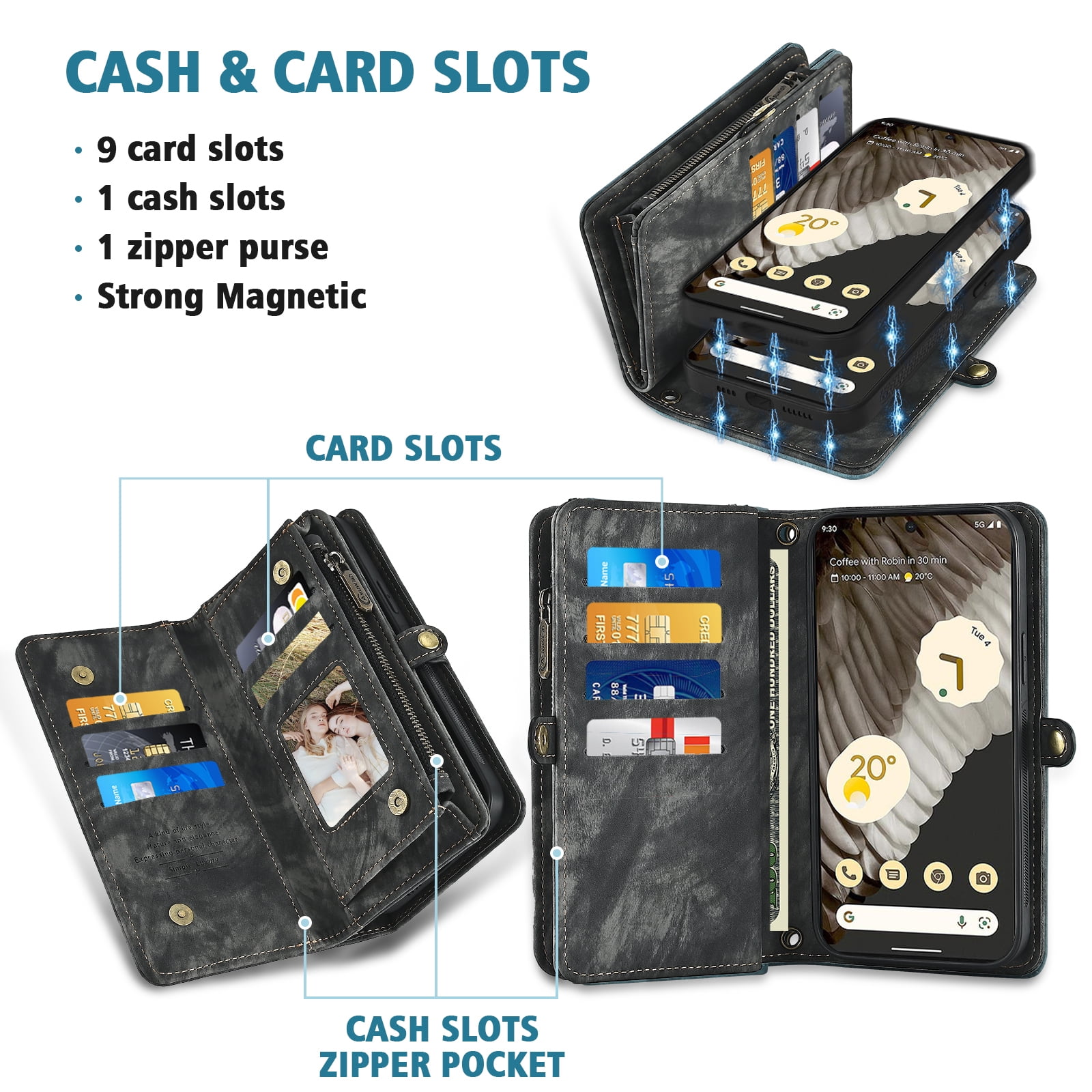 Asuwish Compatible with Google Pixel 7 Pro 5G Phone Case Zipper Wallet Detachable Tempered Glass Screen Protector Strap Flip Card Holder Cell Cover for Pixel7Pro Pixel7 XL Seven 7Pro 6.7 Women Black