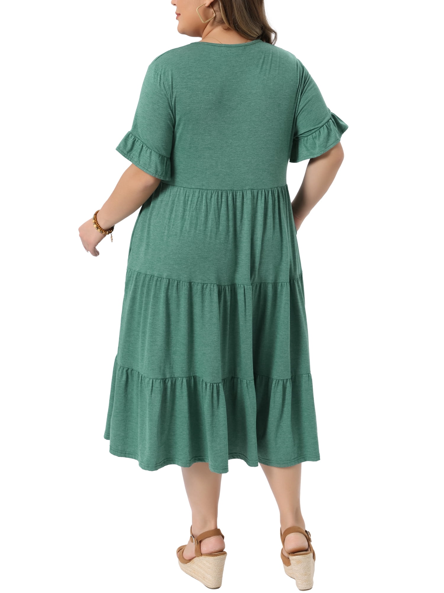 DARING DIVA Women's Plus Size Babydoll V Neck Ruffle Sleeve Swing Tiered Dress 3X Green