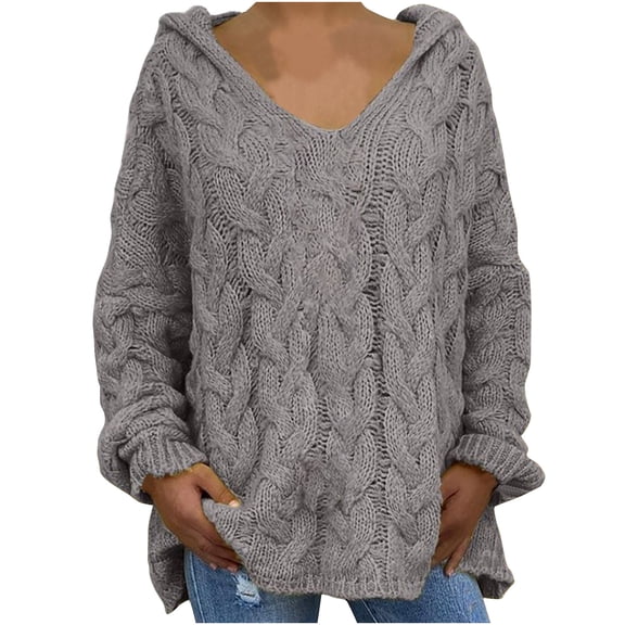 Zekutng Womens Sweaters V Neck Hooded Cable Knit Pullover Long Sleeve Loose,Sizes S-2XL