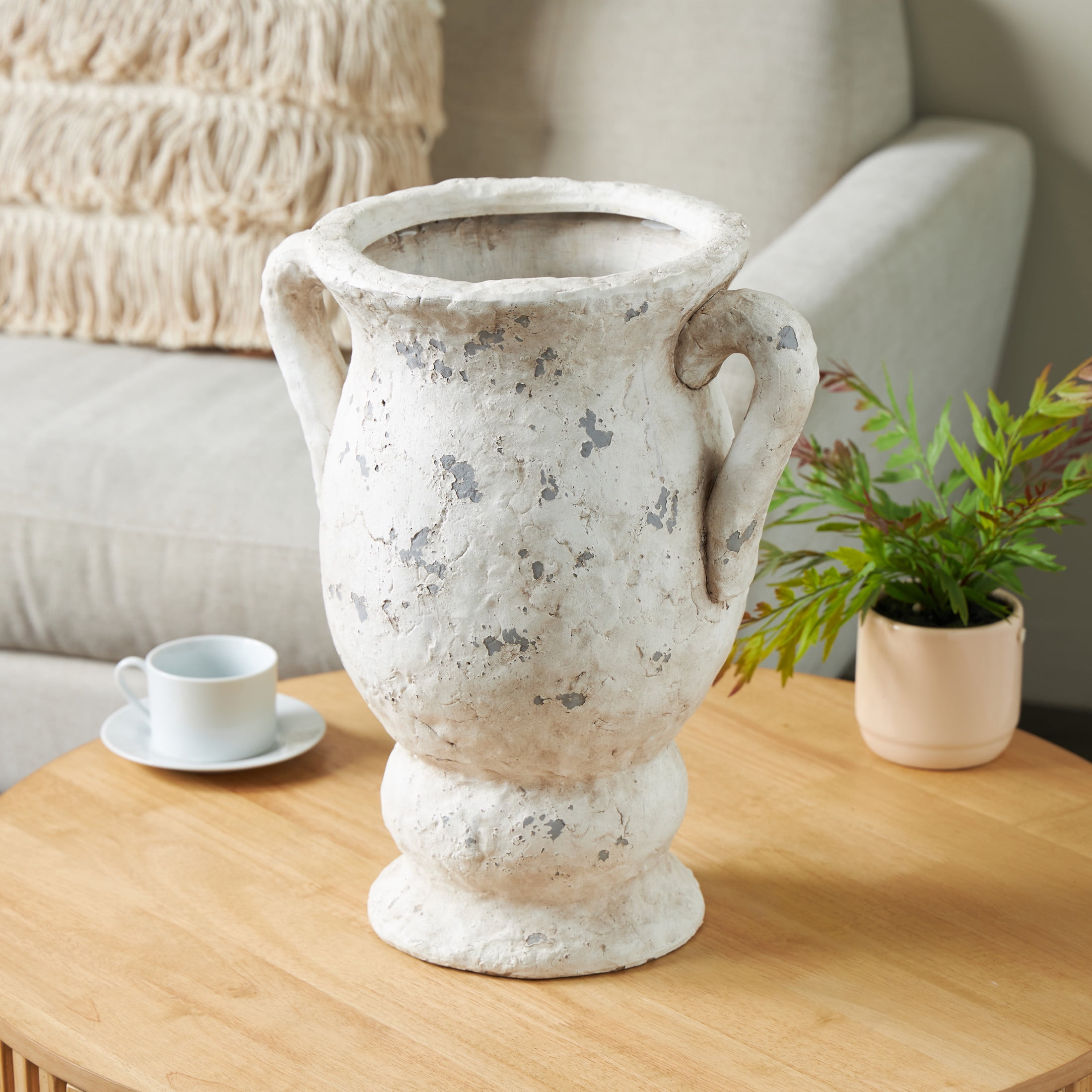 DecMode 18" Antique Style Distressed Cream Ceramic Vase with Handles