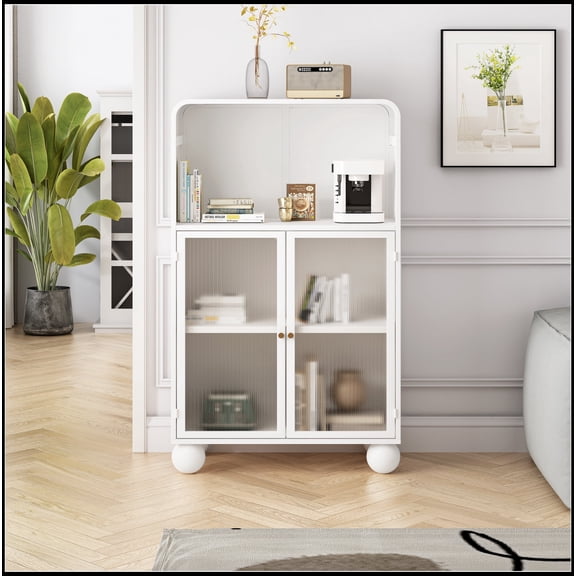 45.28" H Storage Cabinet, Bathroom Floor Cabinet with Glass Door and Shelves, Freestanding Display Storage Cabinet for Bathroom, Living Room, Kitchen, Home Office