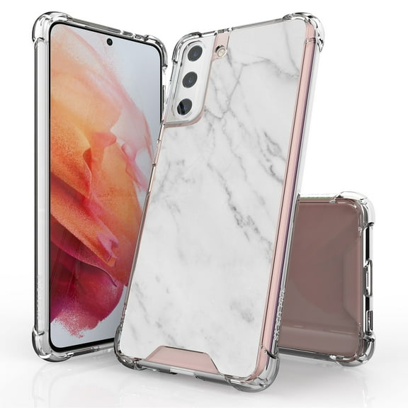 ANJ  Hybrid Slim Hard Back Cover Case Flexible Bumper for Samsung Galaxy S21 Plus - Marble Pattern (White)