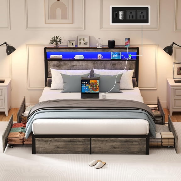 DRNANLIT Full Size LED Bed Frame with 4 Storage Drawers ,Full Platform Bed Frame Charging Station Bed Frame for Bedroom.Gray
