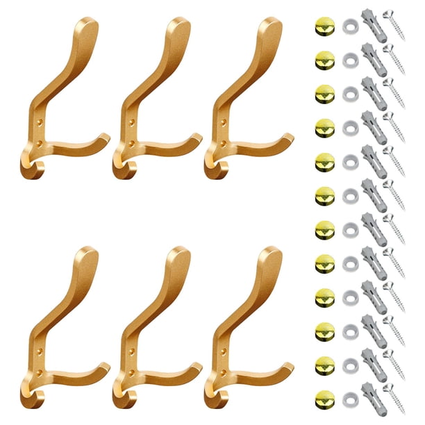 6 ganchos decorativos dobles de alta resistencia para abrigos, ideales para perchero de pared. dorado