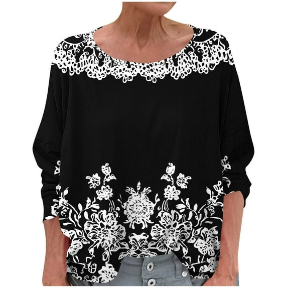 Women's T-Shirts Linen 3/4 Sleeve Crewneck Floral Printed Casual Dressy Loose Comfy Tunic Tops
