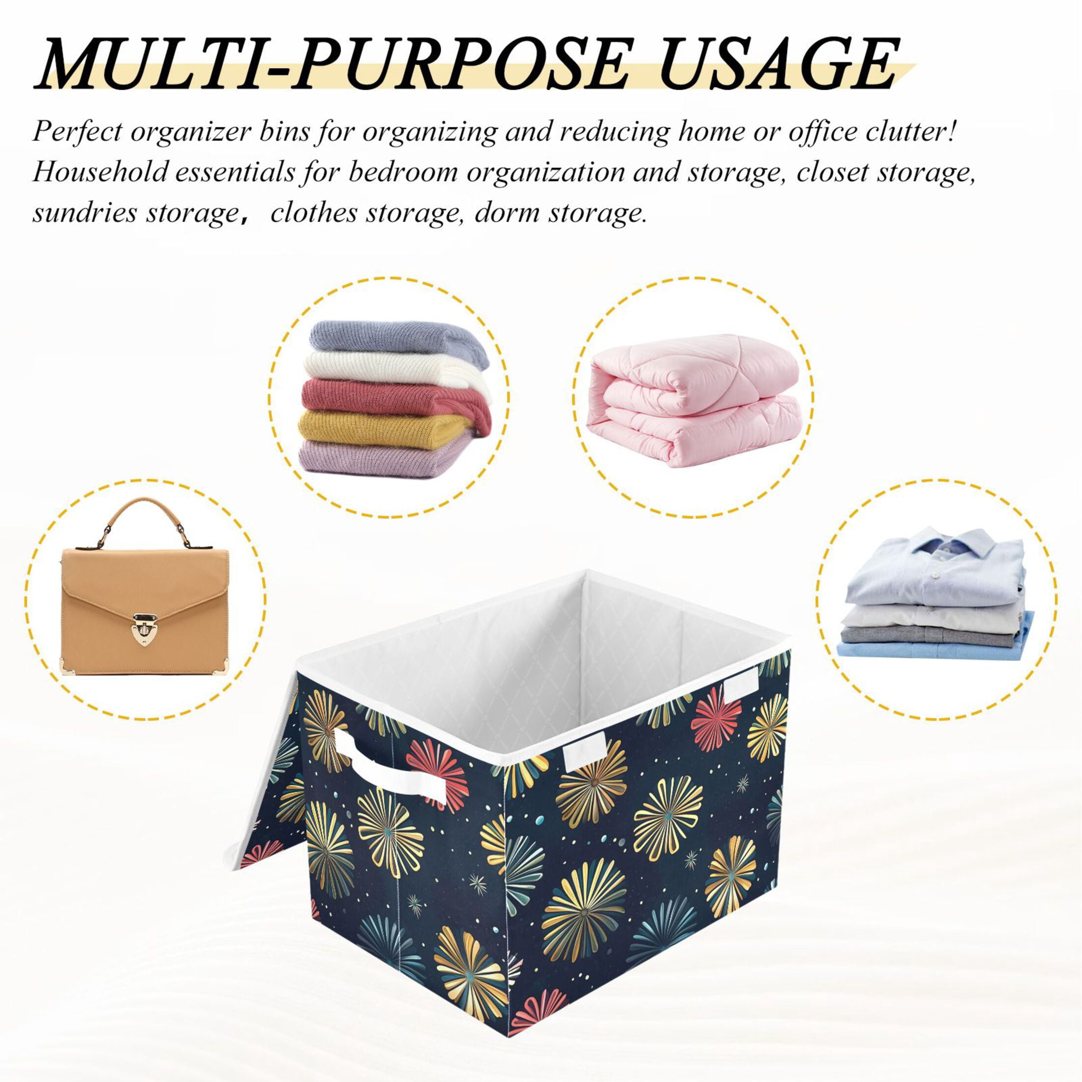 Simple Fireworks Picture Large Storage Bins with Linen Collapsible Lid Storage Box 16.7 x 12.6 x 11.8in