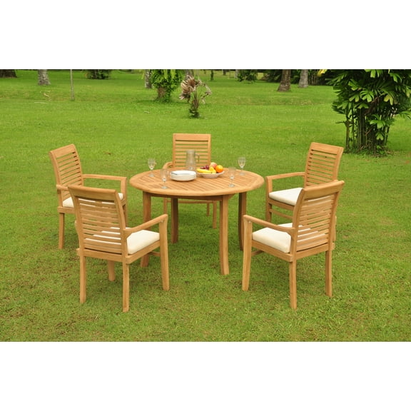 Grade-A Teak Dining Set: 5 Seater 6 Pc: 48" Round Table And 5 Mas Stacking Arm Chairs Outdoor Patio WholesaleTeak #WMDSMSr