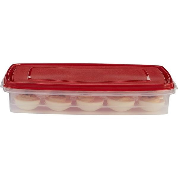 4 Pack Egg Keeper Food Storage Container, Clear/Red, Holds 20 Jumbo Eggs, Stackable Plastic Egg Tray with Lid for Fridge, Deviled Egg Carrier, BPA-Free, Dishwasher Safe