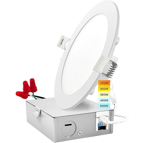 Luxrite 6" Ultra Thin LED Recessed Light with J-Box 12W 5 Color Selectable Dimmable 1000 Lumens IC Rated