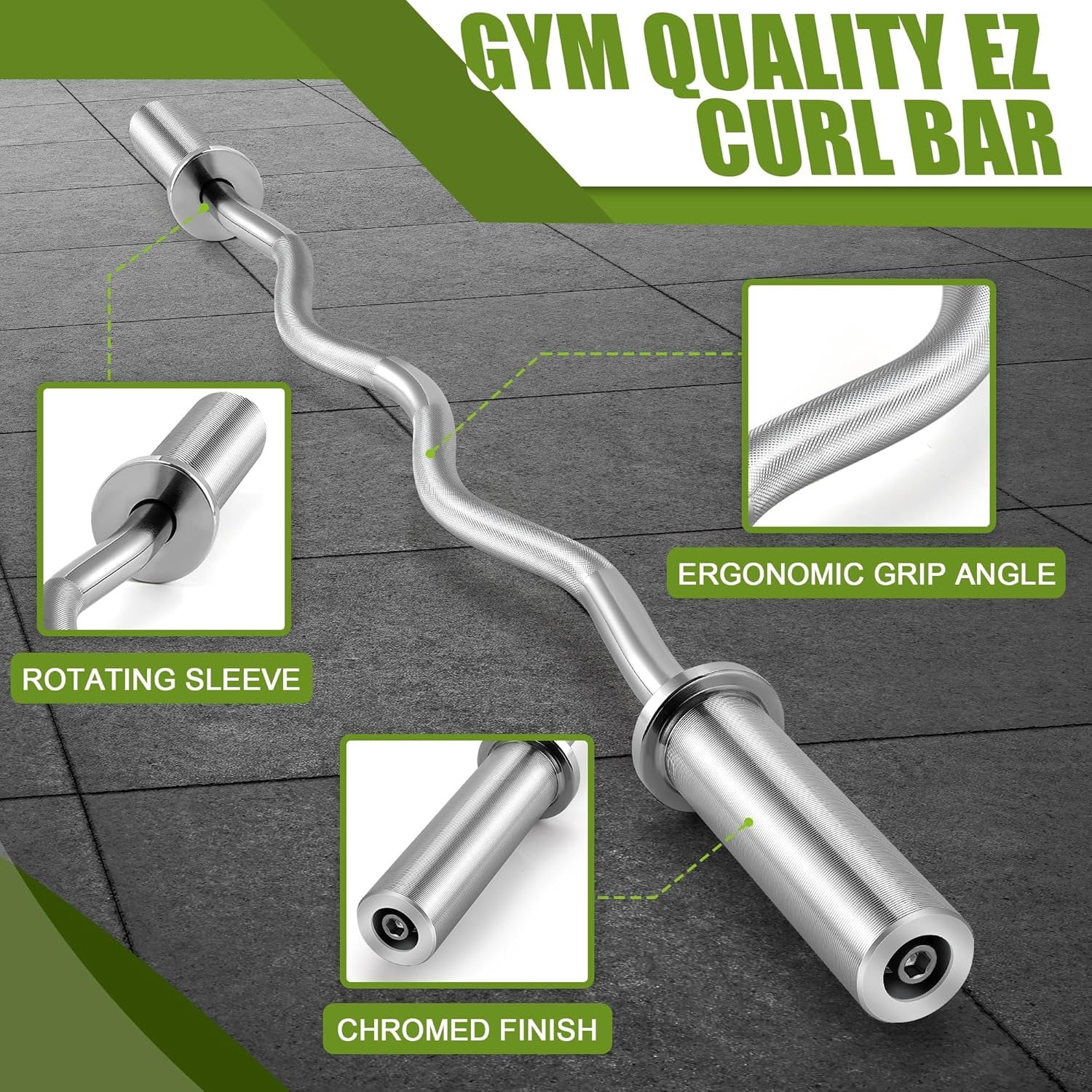 ARVAKOR 47" Olympic EZ Curl Barbell Bar, 2-Inch Curl Bar for Weight Lifting, Hip Thrusts, Squat, Biceps-Home Gym Weight Bar, Silver