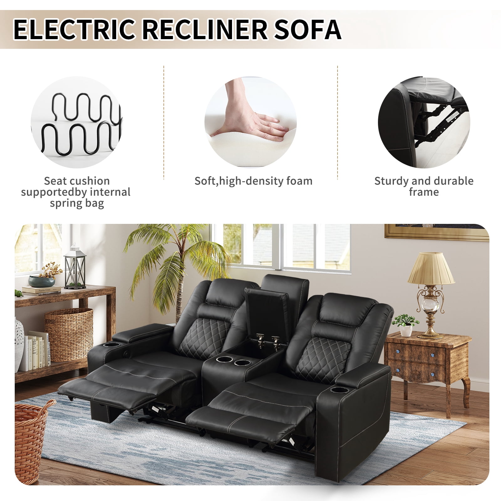 Bonzy Home Electric Power Recliner Loveseat with Console, 2-Seat Theater Seating Living Room Furniture Set, Cup Holders, Hidden Arm Storage, USB Charging Ports, Black