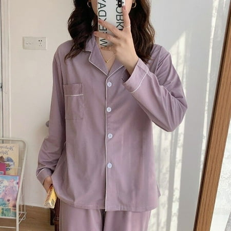 

CoCopeaunt Womens Korean Style Solid Color Pajamas Set Turn-down Collar Pyjamas Long Sleeves Suit Soft Female Sleepwear Homewear