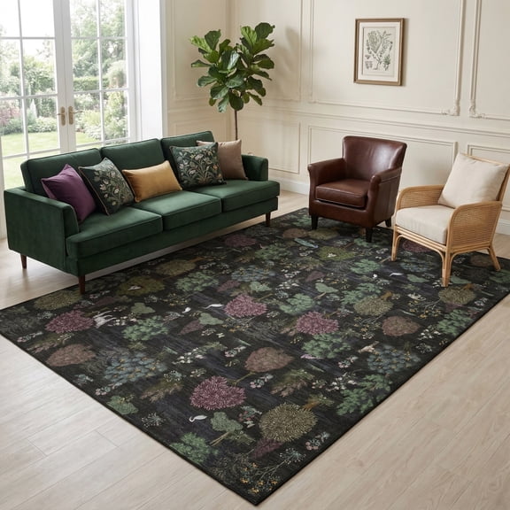 Kzaei 8'x10' Area Rug for Living Room, Washable Soft Rug with Non-Slip Backing, Large Floral Vintage Distress Print Pattern Carpet
