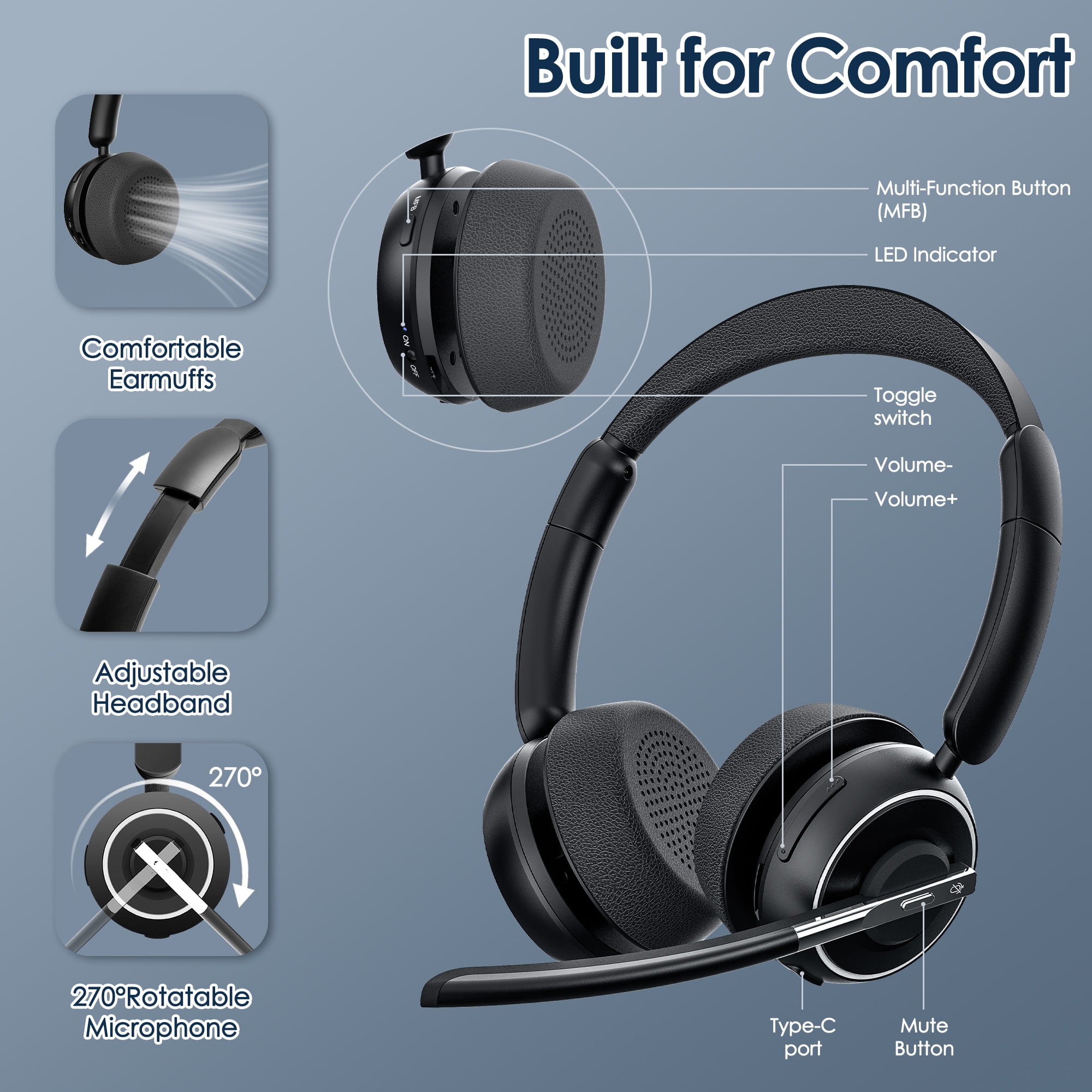 Swiifome Bluetooth Wireless Headset V5.2 with AI Noise Cancellation Microphone, On Ear Headphones with Charging Base and Bluetooth Adapter, for Computer Home Office Call Center Zoom Skype
