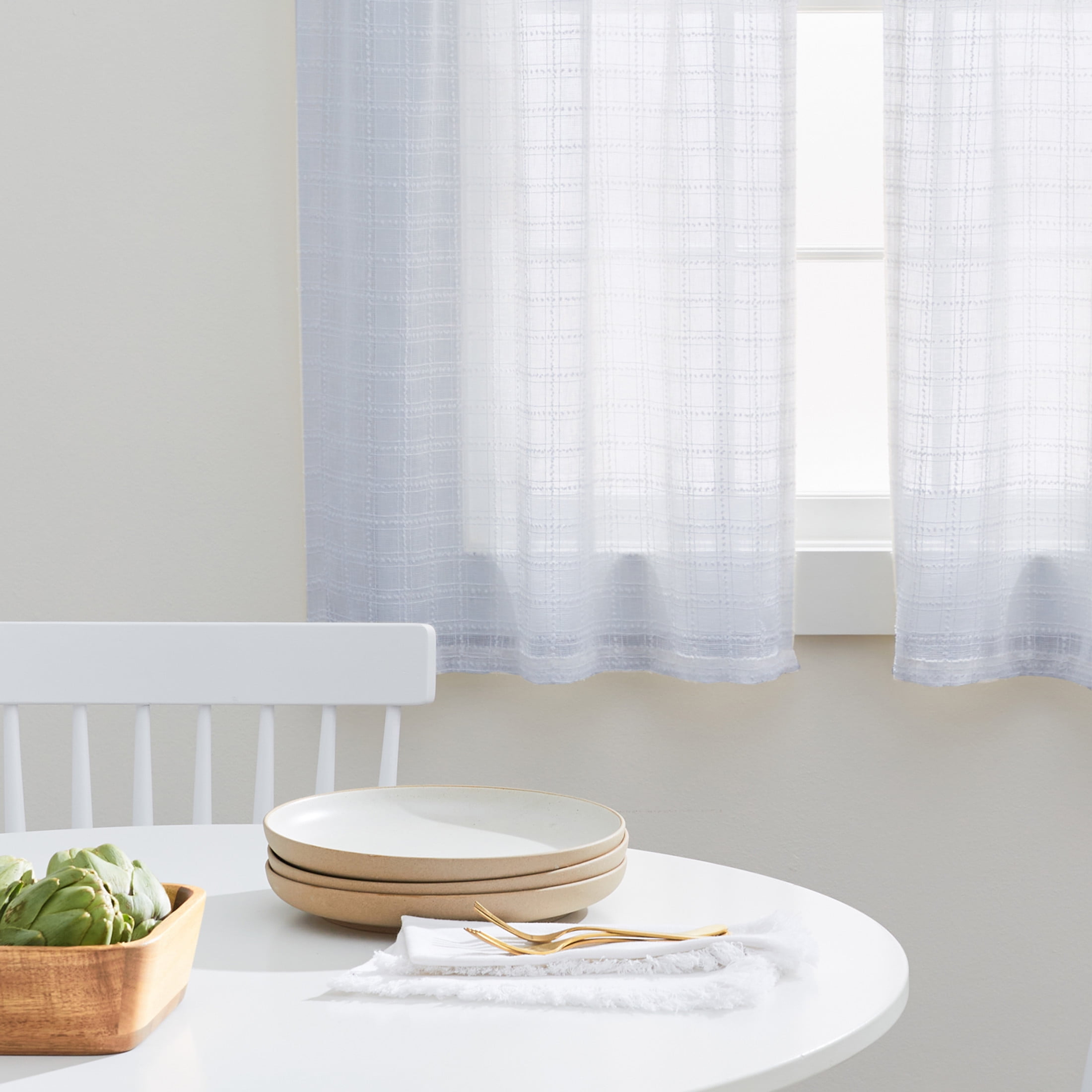 Better Homes & Gardens Tonal Windowpane Valance & Tier Set, 3 Piece Indoor Curtain, Soft Silver, 60"W x 36"L, Adult