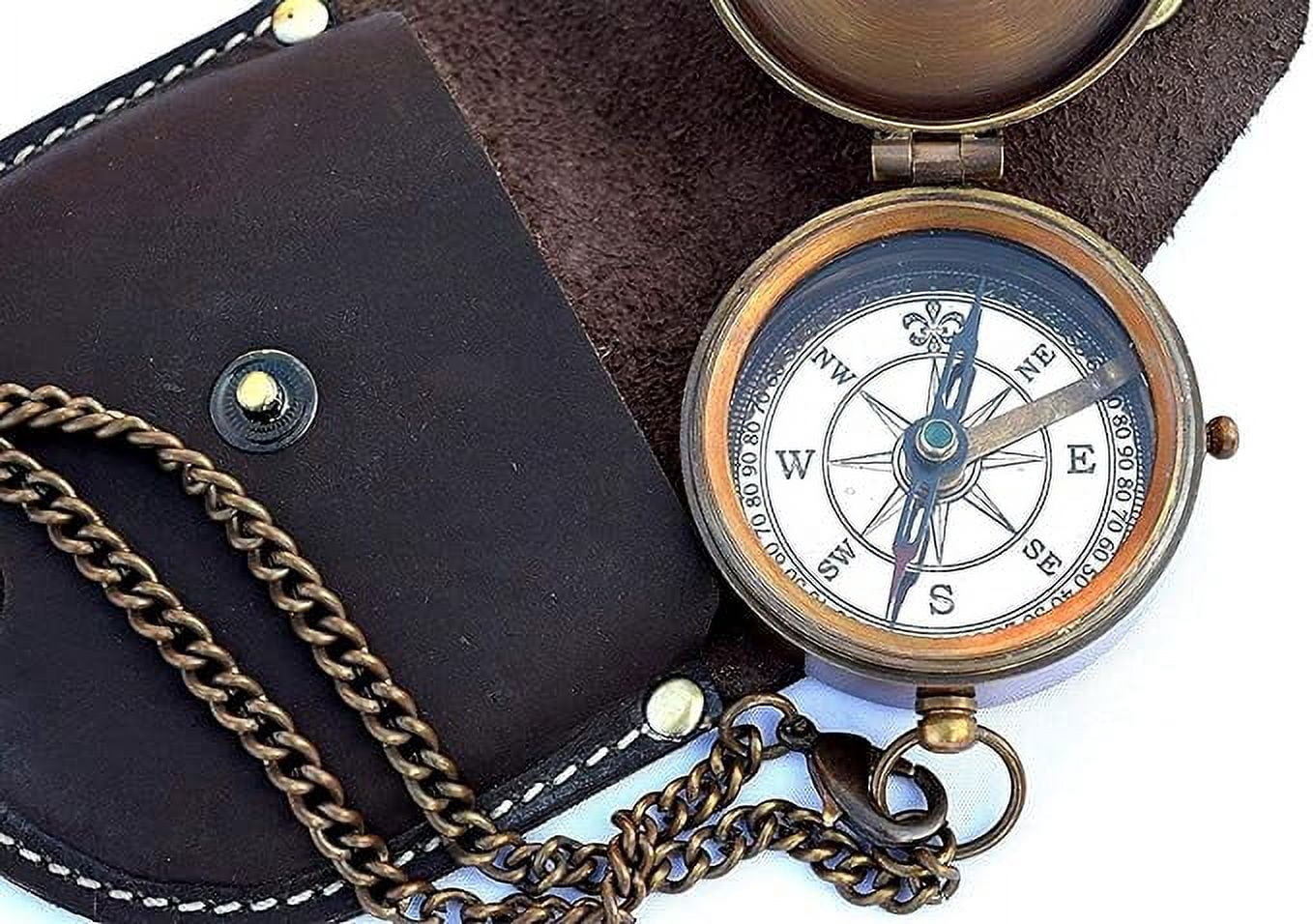 Engravable Compass Nautical Pocket Brass Compass with Leather Carry Case,Pirates Compass, Camping Compass, Gift Compass Rustic Vintage Home Decor Gifts