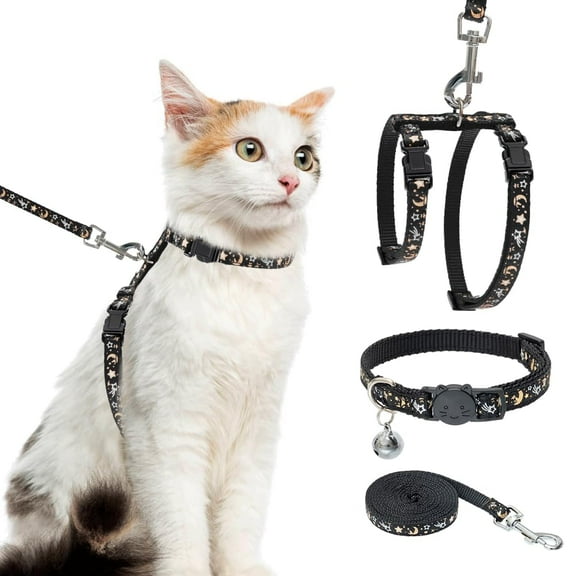 Cat Harness with Leash and Collar Set - Escape Proof Adjustable H-shped Cat Harness with Star and Moon Pattern Glow in The Dark for Kitty Outdoor Walking