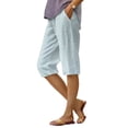 thumbnail image 3 of Josdec Women's Casual Striped Linen Bermuda Shorts Elastic High Waist Straight Leg Knee Length with Pockets for Summer Daily Beach Wear, 3 of 7