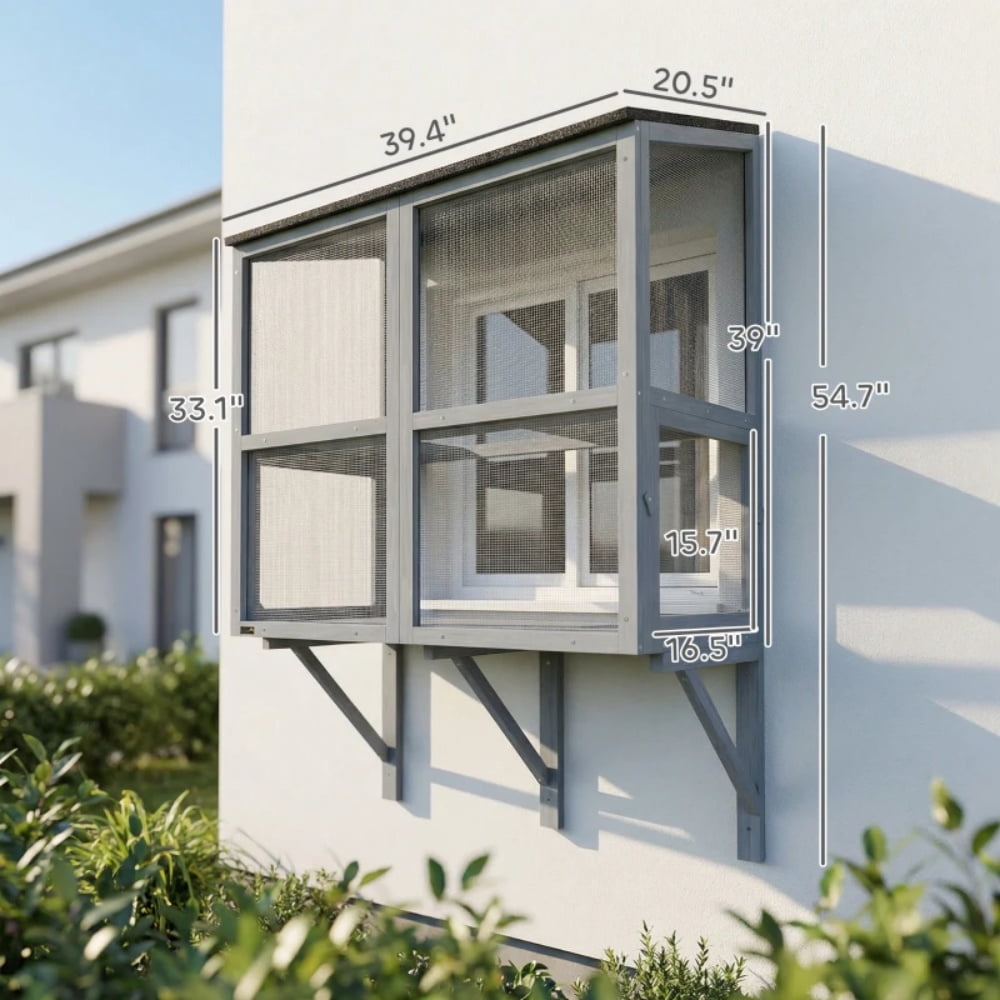 Wall-Mounted Catio Cat Enclosure 2-Tier Large Outdoor Cat House with Waterproof Roof & Secure Mesh Window Cat Perch for 1‑2 Cats Gray Wooden Cat Patio