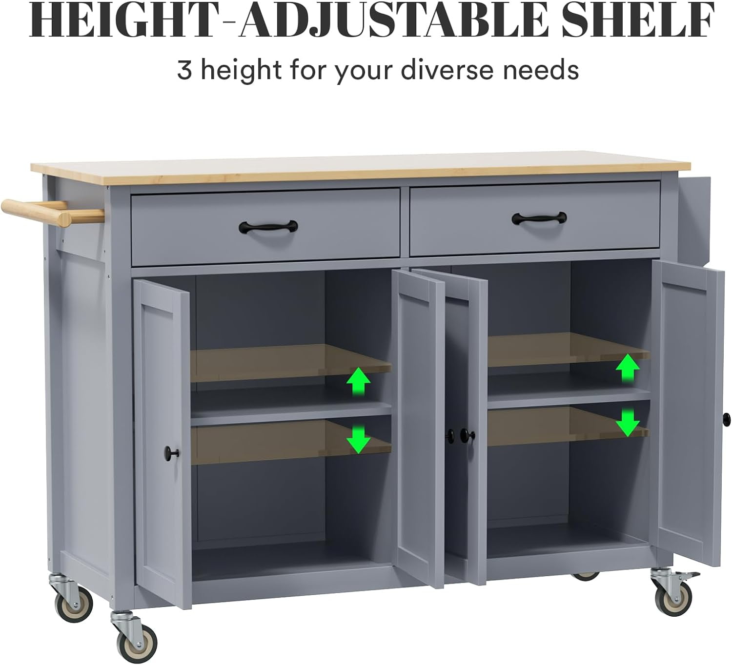 ZIVACATE Kitchen Island on Wheels 54in Rolling Cart with wood Top Spice Towel Rack Drawers, Grey