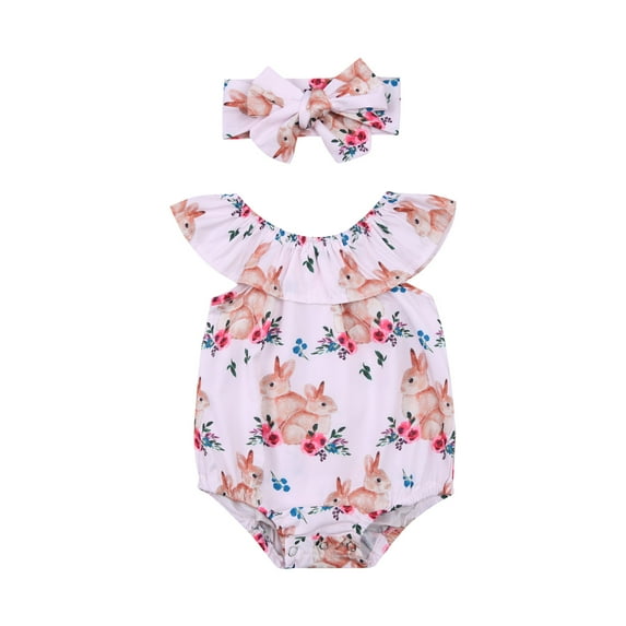 Kiapeise Baby Girls Easter Set, Rabbit Printing Ruffled Romper + Hair Band
