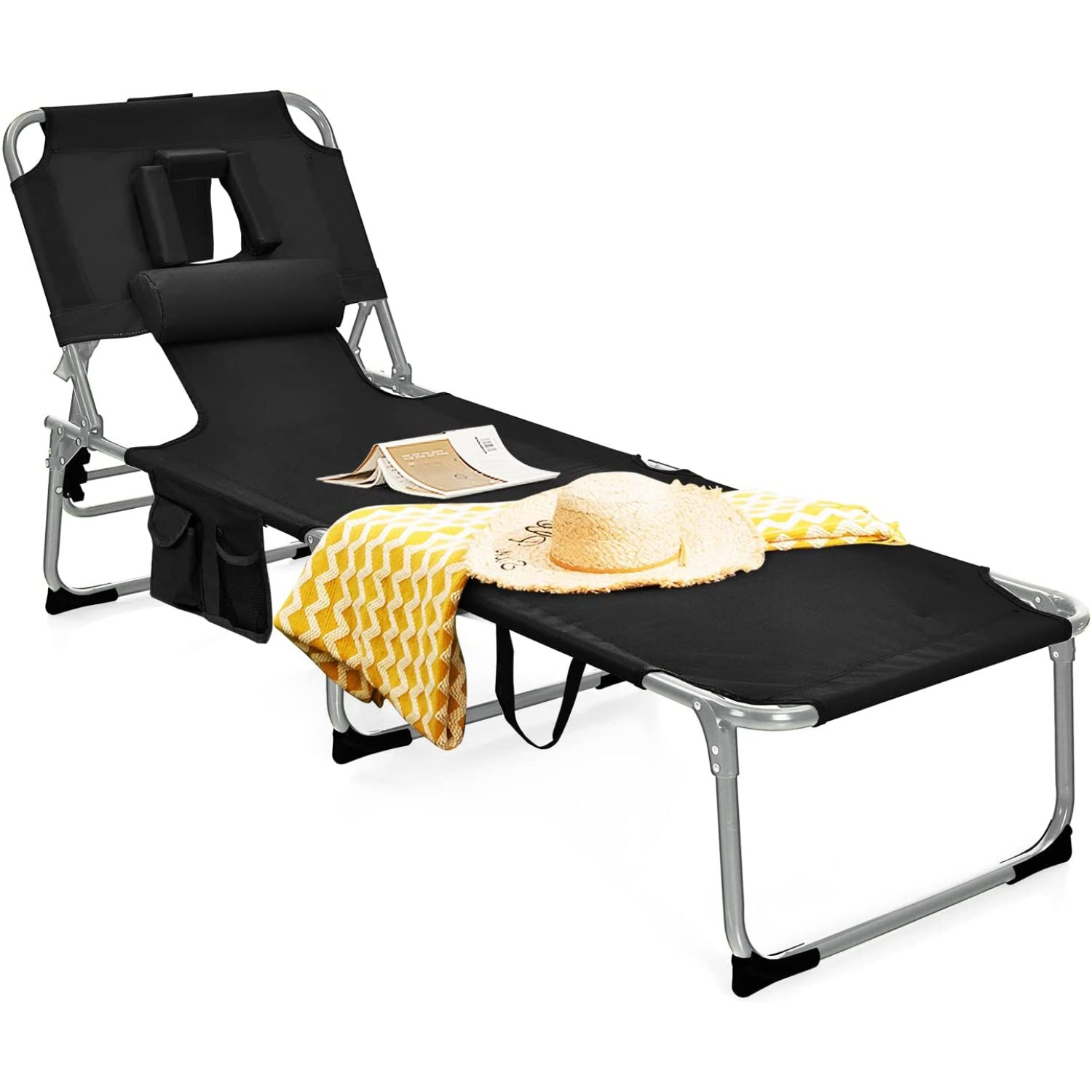 Jiaiun Beach Chaise Lounge Chair with Hole for Face, Patio Folding Adjustable Reclining Beach Sunbathing Chair with Side Pocket, Portable Face Down Tanning Chair for Outdoor Backyard Poolside (1) - image 1 of 8