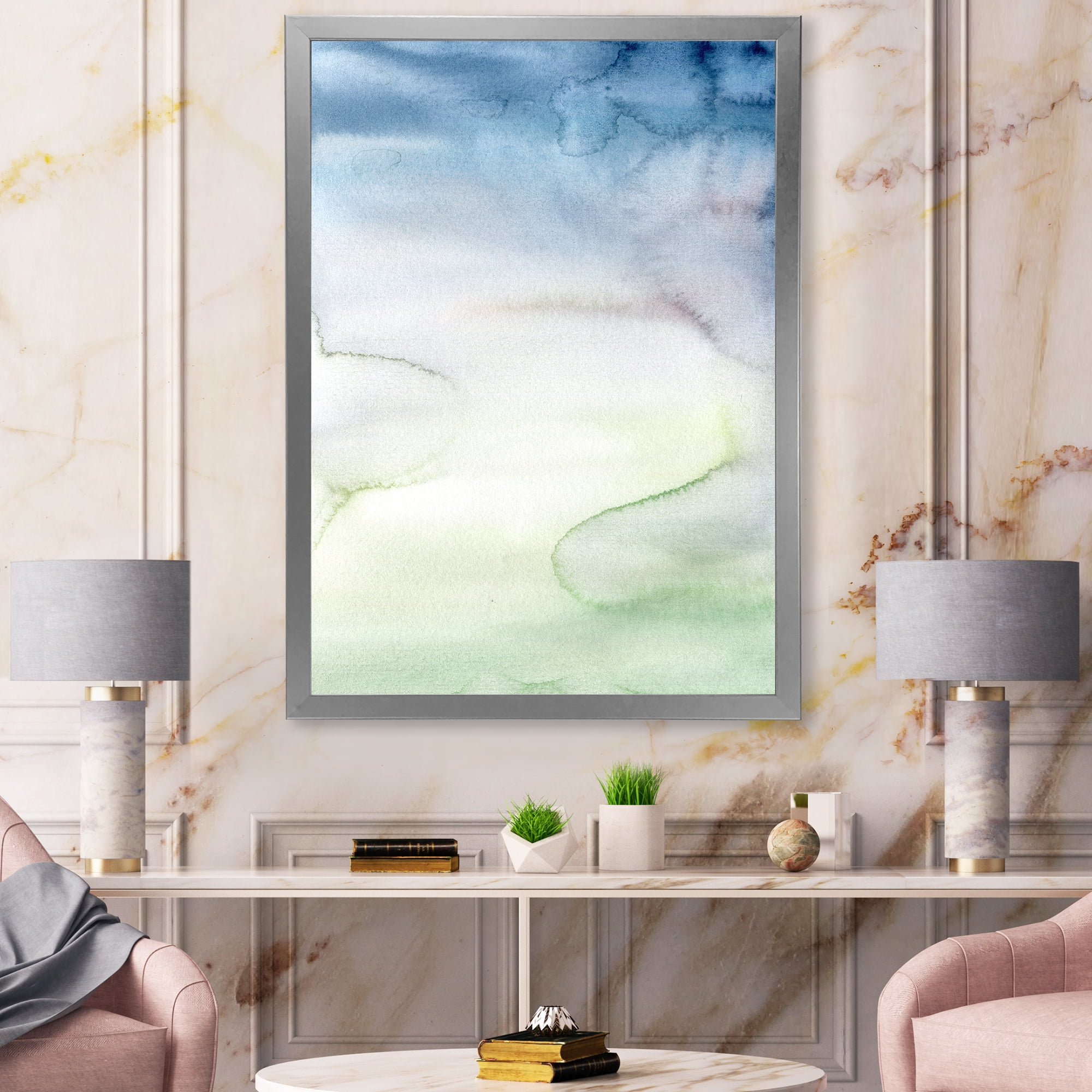 Designart 'Pastel Abstract With Green Dark Blue and White Spots' Modern Framed Art Print