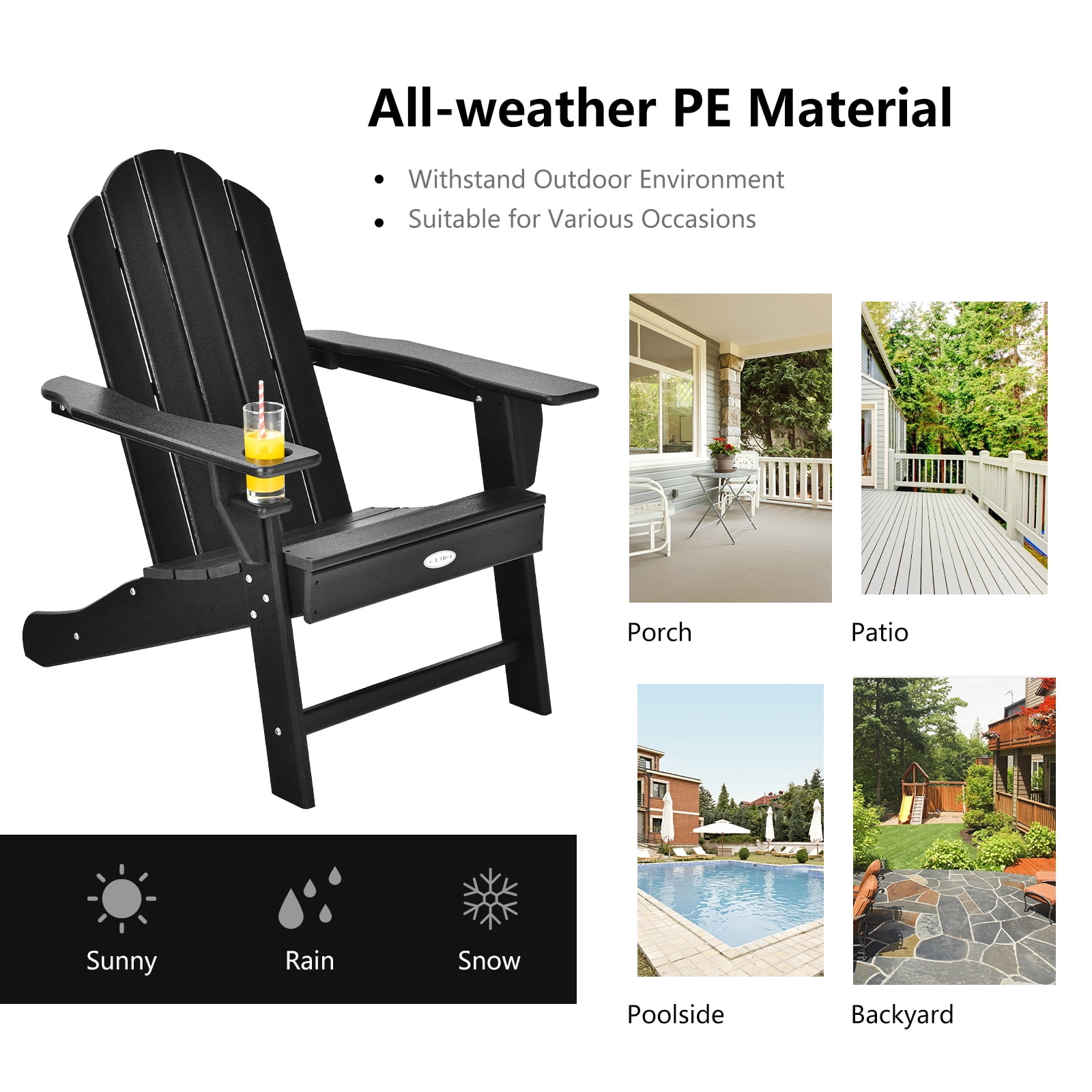 Patiojoy Adirondack Chair Outdoor with Cup Holde Weather Resistant Lounger Chair for Backyard Garden Patio and Deck Black